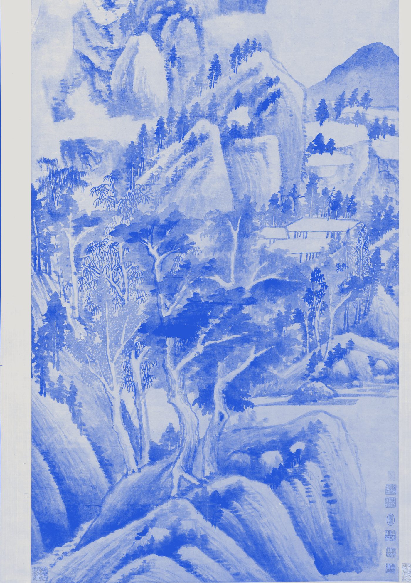 Houses tucked among trees on a slope above a stream, ink painting printed in blue