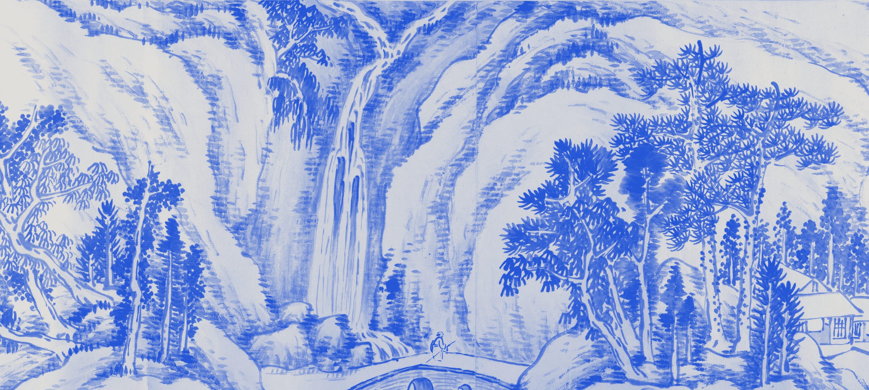 Ink handscroll of a waterfall between steep slopes, pines on the rocks and a stone bridge over the stream, printed in blue