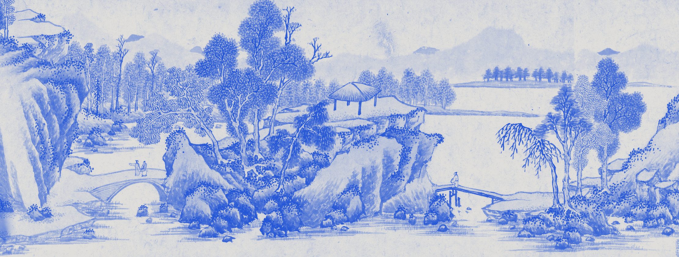 A village by a lake with a pavilion, two bridges and hills behind, ink painting printed in blue